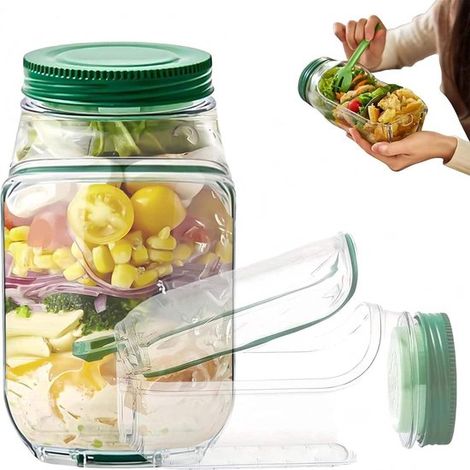 Barattolo per alimenti Mason Jar con apertura laterale e scomparto per condimenti a prova di perdite, barattolo per insalata e pranzo, verde trasparente, 10 x 19 cm (1/5)