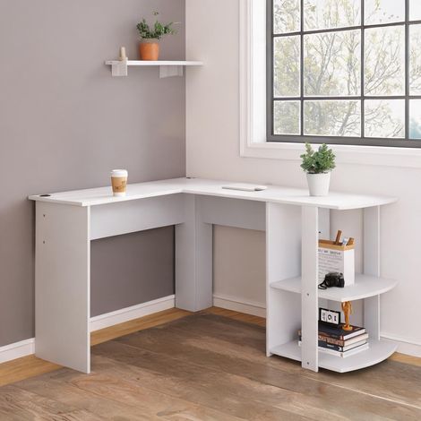 Bureau d'angle blanc 140 cm avec étagères 140 x 140 x 75 cm (1/5)