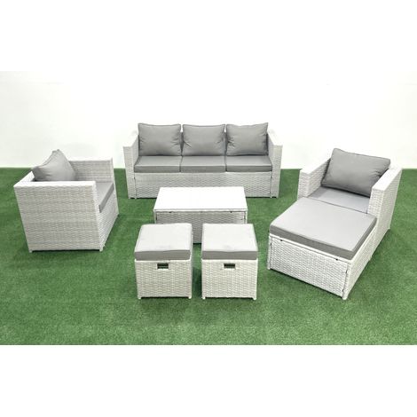 Fimous Polyrattan Sitzgruppe mit Rechteckiger Couchtisch 2 Sesseln 3 Fußhockern Hellgrau gemischt