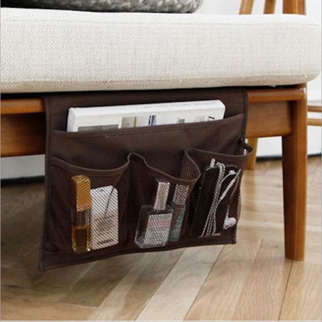 Sac de chevet marron - 4 compartiments - pour lit ou canapé - Sac de rangement suspendu - Porte-livres, téléphone, lunettes, télécommande (1/5)