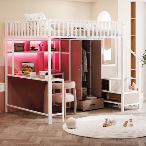 Cama alta metálica 140 x 200 cm con escritorio, armario, estanterías y LED, blanca (1/5)