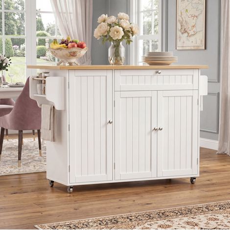 REDOM - Isla de cocina 120x45(70)x92 cm, encimera abatible, cajón y armario, 3 estantes de puerta, MDF natural y blanco (1/5)