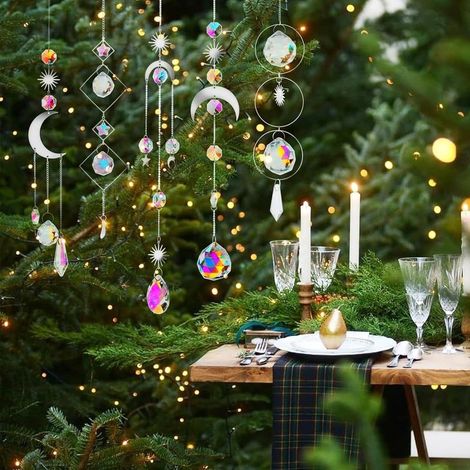 Set mit 5 Kristall-Sonnenfängern, hängender Regenbogen-Engel-Anhänger, Sonnen-, Stern- und Mondfänger für Fenster, Schlafzimmer und Garten, Weihnachten, Party, Hochzeit, Silber (1/4)