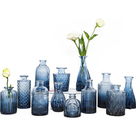 Lot de 12 vases à bourgeons en Verre - Petits vases pour Fleurs - Vase Bleu pour centres de Table en Vrac, Mini Vase Vintage pour décorations de Mariage rustiques, décoration Florale de Bureau (1/5)