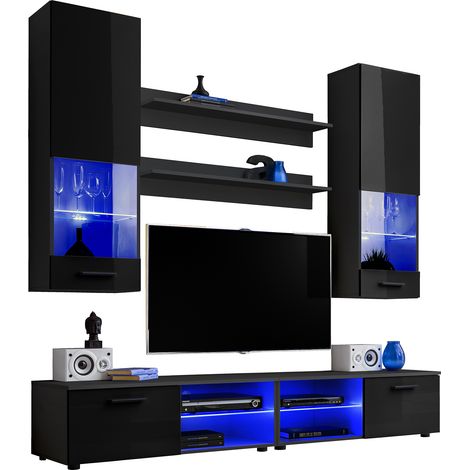 Extreme Furniture, Système mural Vida, (LxHxP): 200 x 195 x 45, Carcasse en Noir Mat, Façades en Noir Brillant, LED Multicolores avec télécommande (1/5)