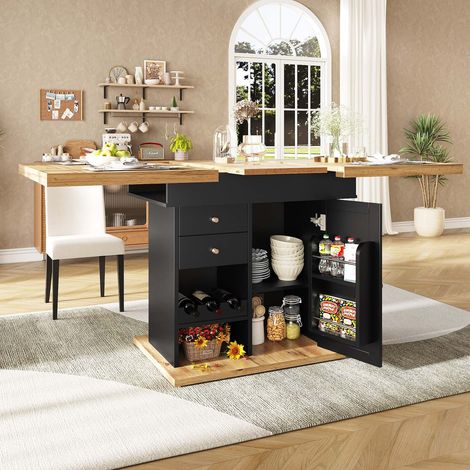 Table à manger extensible 110-140 x 80 cm avec rangement, tiroir, étagères et porte-bouteilles, MDF noir et bois naturel (1/5)