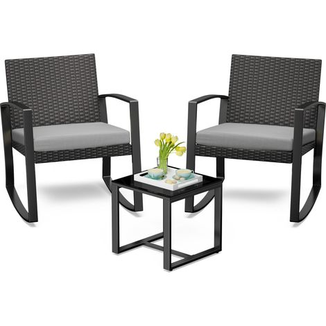Bealife Conjunto de Muebles de Jardín para 2 Personas Acero Sillón Cojines Mesa Vidrio Templado Ideal Juegos Barras Bistro Comedor Conversación Terraza Balcón Zonas Exteriores Gris