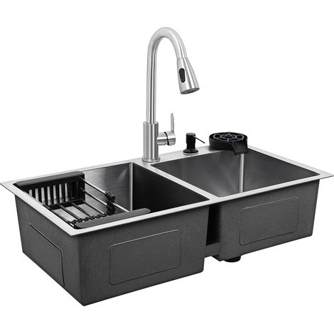 Tominio-Évier de cuisine Évier à Encastrer Moderne, Evier Sous Plan en granit Double bac argent