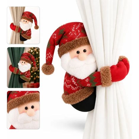 1 Pièce Attache de Rideau Rouge Père Noël, Dimensions 38×23 cm en Métal et Tissu, Décoration de Fenêtre pour Noël (1/5)