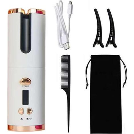 Mini fer à friser, fer à friser sans fil rechargeable, plaque à ondulation automatique, fer à friser automatique, mains libres, contrôle de température à 6 vitesses (platine) (1/5)