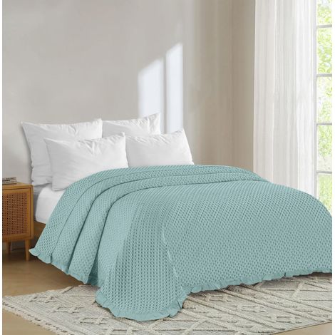 Copriletto Trapuntato Volant Matrimoniale Trapuntino Tinta Unita Due Piazze Con Balze Coperta Leggera Primavera Estate Trapunta Leggera Azzurro (1/4)
