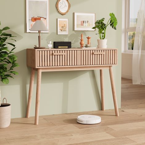 Consolle 100x35x80 cm per ingresso, soggiorno e corridoio - Tavolo consolle moderno con 2 cassetti dal design scanalato - MDF - Naturale