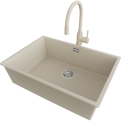 PRIMAGRAN Evier Cuisine en Granit 66x47cm,Lavabo 1 bac + Robinet 38x14cm + Kit de Vidage, Évier à Encastrer au meuble 70cm - London Slim, Beige (1/5)
