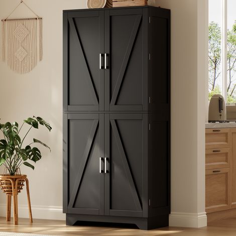Armoire haute de cuisine 4 portes style grange 80x40x180 cm, casier à vin, étagères de porte, niches ouvertes, MDF, anti-basculement (1/5)