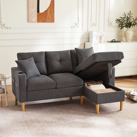 Canapé d'angle réversible 3 places,Avec Porte-gobelets et Rangement,175×129×90cm,Gris foncé (1/5)
