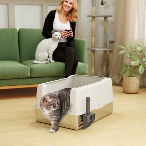 Bac à litière étanche XXL pour chat, toilettes pour chat surélevées, plateau et pelle en acier inoxydable, bac à litière pour chatons en ABS, 71 x 50,8 x 35,5 cm, blanc