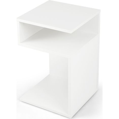 Tavolino laterale a forma di S per piccoli spazi per soggiorno, Tavolino per divano con 2 scomparti aperti Bianco (1/4)
