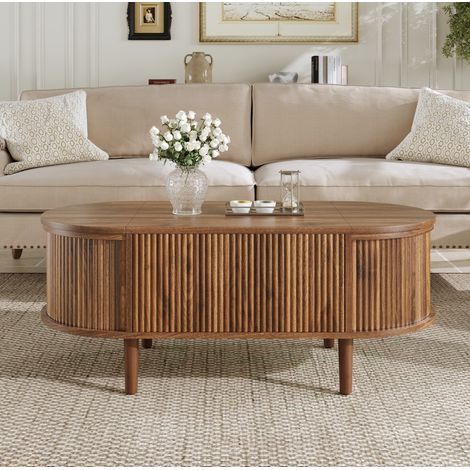 Tavolino ovale rialzabile 100x48x53,5 cm in MDF, effetto noce, con vano portaoggetti e coperchi ribaltabili (1/5)