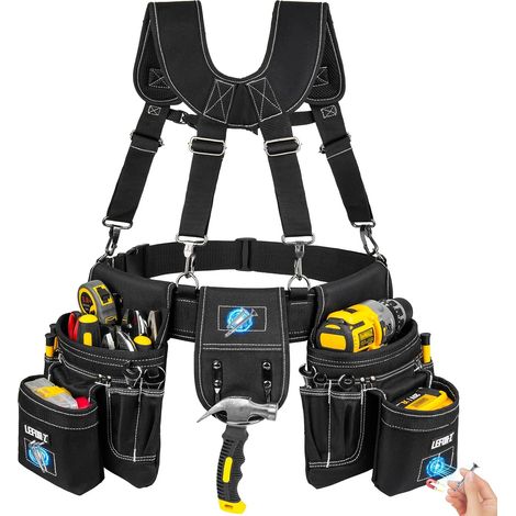 Belt Tools with Straps, Tool Belt for Men with 27 Pockets, Removable and Adjustable Heavy Duty Magnetic Tool Bag, for Electricians, Carpenters, Construction Workers, Black