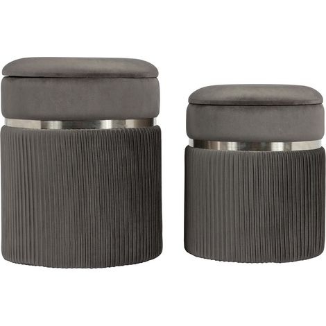 Set 2 Pouf Contenitori Zora in Velluto Grigio e Argento (1/3)