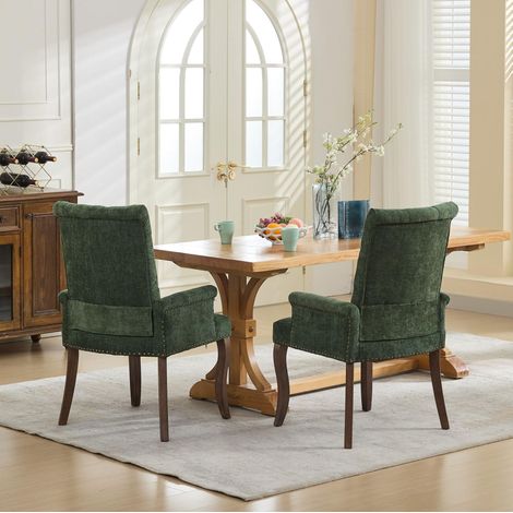 Silla de comedor, en chenilla, con brazos y respaldo acolchado, patas de madera maciza, verde oliva (1/5)