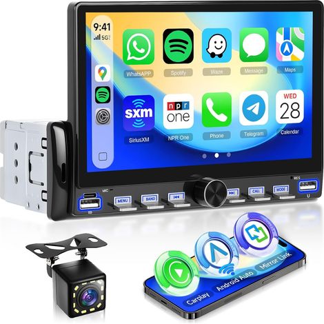 Autoradio 1 Din avec Carplay sans Fil Android Auto, Écran Tactile 7 Pouces Poste Radio Voiture 1 Din Bluetooth, Lien Miroir, FM Type-C/USB/AUX, MP5 Lecteur Vidéo en Ligne avec Caméra Recul (1/5)