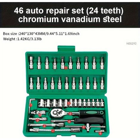 Saruu-46 pièces driver socket set avec clé à cliquet, tige d’extension et étui durable - 1/4" drive, kit d’outils pneumatiques universels pour les réparations automobiles et domestiques, fabriqué avec