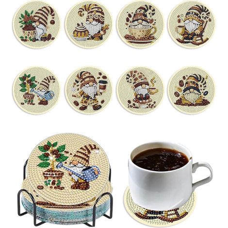 Diamond Painting Untersetzer Set 8 Stück mit Halter, Kaffeezwerg Motiv, DIY Bastelset für Erwachsene & Kinder
