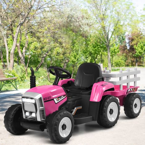 Tracteur Electrique avec Remorque pour Enfants 3 Vitesses Lumières LED Fonctions Audio USB et Bluetooth Rose (1/2)