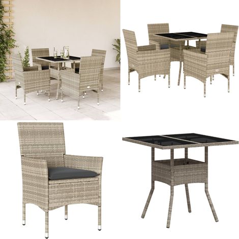 5-tlg. Garten-Essgruppe mit Kissen Hellgrau Poly Rattan Glas - Gartentisch - Gartenmöbelset - Esstisch - Outdoor Möbel - Terrassenmöbel - Home & Living (1/5)