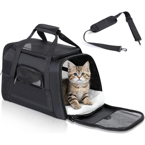 Sac Transport Chat, Caisse de Transport Chien Respirant et Pliable jusqu'à 6 kg, Transporteurs avec Matelas en Peluche, Boîte de Transport avec Bandoulière Réglable, 17.3x11x9.8 inch, Noir (1/5)
