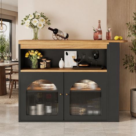 138-193X39X105CM Moderner ausziehbarer Bartisch ,Ausziehbarer Esstisch mit Stauraum , Stehtisch Bistrotisch, drehbar, für Esszimmer,Mit 1m langem LED Lichtstreifen(Einstellbare Lichtfarbe),Schwarz (1/5)