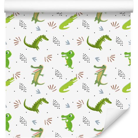 Papier peint crocodile blanc, citron vert et gris clair 50x1000 cm (1/5)