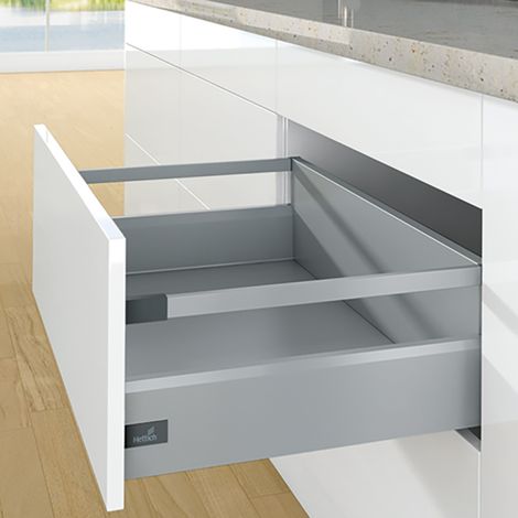 Hettich – Tiroir casserolier en kit – Hauteur 126 mm – Longueur 500 mm – Décor blanc – Casserolier avec bandeaux – Vendu à l'unité