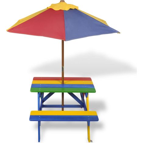 Table et bancs en bois avec parasol pour enfant (1/5)