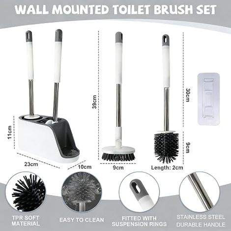 Brosse WC Murale Avec Récipient En Acier Inoxydable - Gris Et Blanc - Porte-Brosse Sans Perçage - Set De Brosses Pour Salle De Bain (1/4)