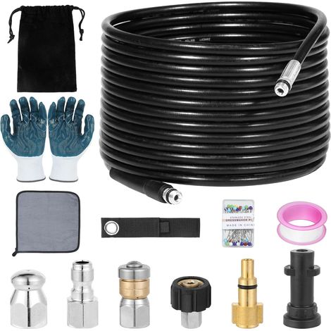 Pressure Washer Drain Cleaner Kit - 1/4 Inch NPT Cleaning Hose, M22 Fitting, 1/4" Quick Nozzle, Rotating Nozzle, Nozzle Nose, Adapter (1/5)
