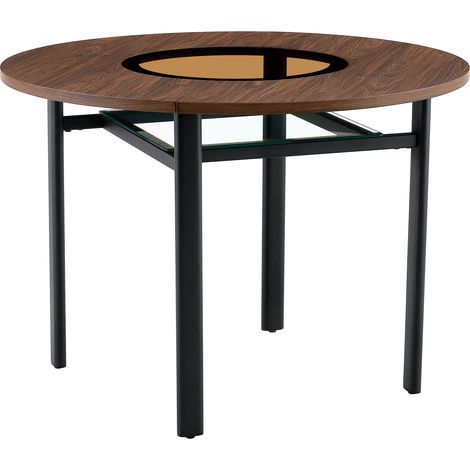 Esstisch Rund mit Glaseinsatz und Ablagefach, für 4 bis 6 Personen, aus MDF und Metall, Braun und Schwarz, Ø 100 cm (1/5)