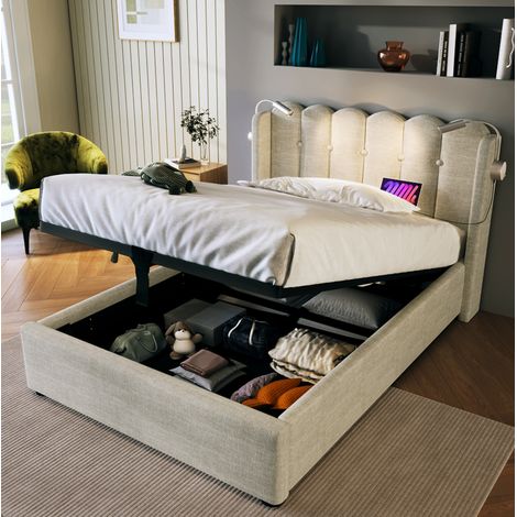 Lit coffre 90x200 cm en lin naturel avec sommier à lattes, tête de lit avec liseuse et ports USB (1/5)