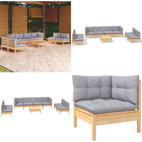 9-tlg. Garten-Lounge-Set mit Grauen Kissen Kiefer Massivholz - Garten-Lounge-Set -  Garten-Lounge-Sets - Home & Living (1/5)