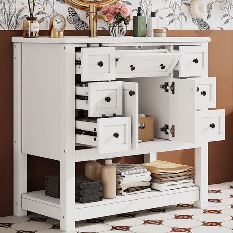 Meuble sous Vasque sur Pied 91,5 cm Blanc Laqué - Meuble de Salle de Bain avec Vasque Céramique Intégrée, 7 Tiroirs et Placard - Style Américain (1/5)