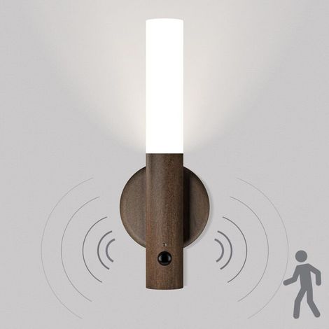 Motion Sensor Night Light, Wireless Rechargeable Wooden Wall Lamp, Magnetic Battery Operated Indoor Night Light for Stairs, Bedroom, Hallway (Dark Wood) (1/5)