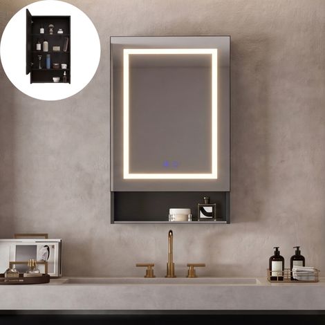 Miroir lumineux de salle de bain avec rangement, 3 Couleurs de Lumière, Fonction Anti-buée, Miroir HD, Étagères Réglables en Verre, 50x16x88cm (1/5)