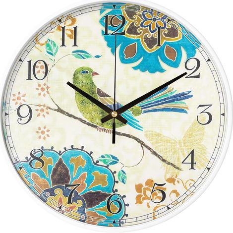 Horloge murale décorative avec motif oiseau de 30 cm, design vintage bleu et blanc, horloge décorative pour cuisine, chambre, salon, bureau (1/5)
