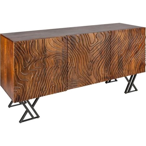 Buffet GAÏA 160 cm en bois de manguier massif – 3 portes sculptées et pieds métal noir (1/5)