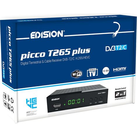 EDISION Picco T265 Plus Récepteur Terrestre TNT DVBT2 et par Câble DVBC, H.265 HEVC FTA Haute définition,PVR,USB,HDMI,SCART,Capteur IR,Prend en Charge USB WiFi,IR Télécommande Universelle 2en1 (1/5)