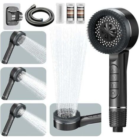 High Pressure Shower Head, Water Saving Shower Head with 4 Spray Patterns, Anti-Limescale Shower Head with 1.5M Shower Hose and Shower Holder, with Water Stop Button, Grey (1/4)