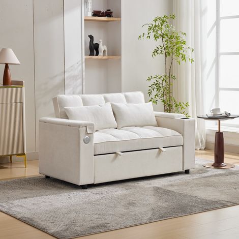 Canapé convertible 3-en-1 2 places beige, 140,5 cm, dossier réglable, USB-C, table escamotable, porte-gobelet et rangement (1/5)