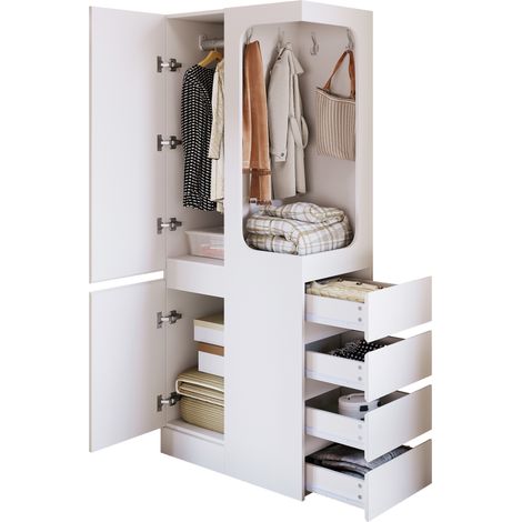 Armario con 1 Puerta, 4 Cajones y Zona de Colgado Abierta para Dormitorio, de Madera, Blanco, 70 × 40 × 170 cm (1/5)