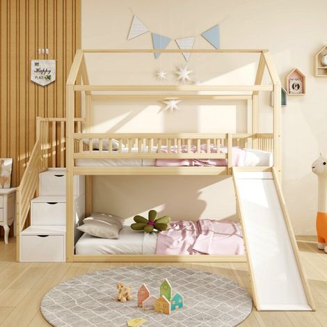 Lit Mezzanine Enfant 90x200 avec Toboggan et Échelle - Sommier à Lattes Inclus (1/5)